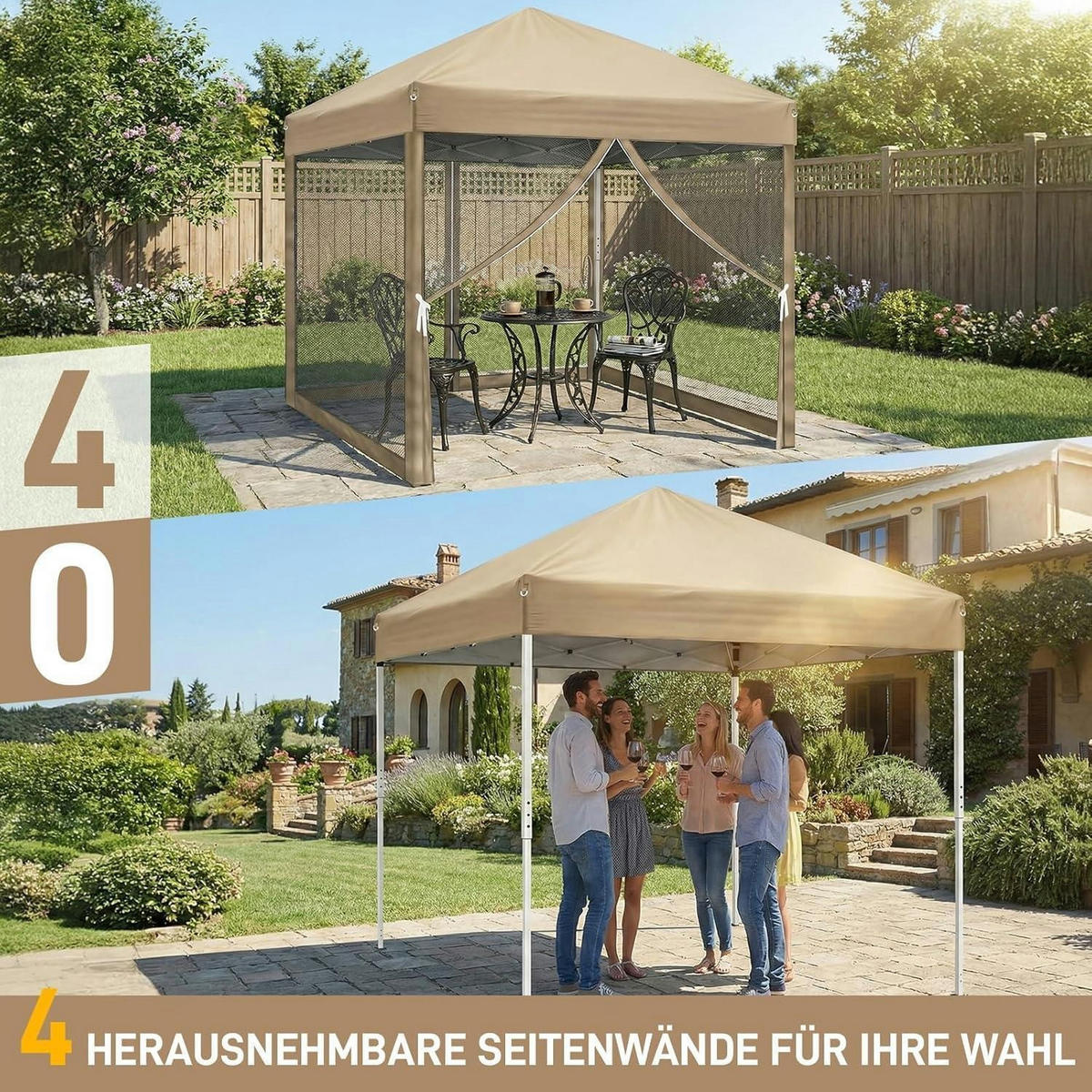 FALTPAVILLON 3x3 m mit Moskitonetzen Khaki - Olivgrün, Textil (300/245/300cm)