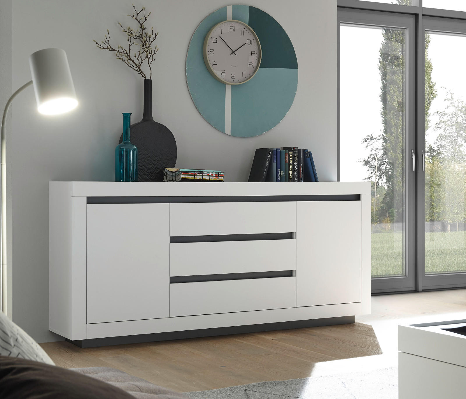 SIDEBOARD weiß, anthrazit, Wohnzimmer- Esszimmer- Kommode 200 x 91 cm - Weiß Hochglanz/Anthrazit, Holzwerkstoff (200/91/38cm) - Furn.Design
