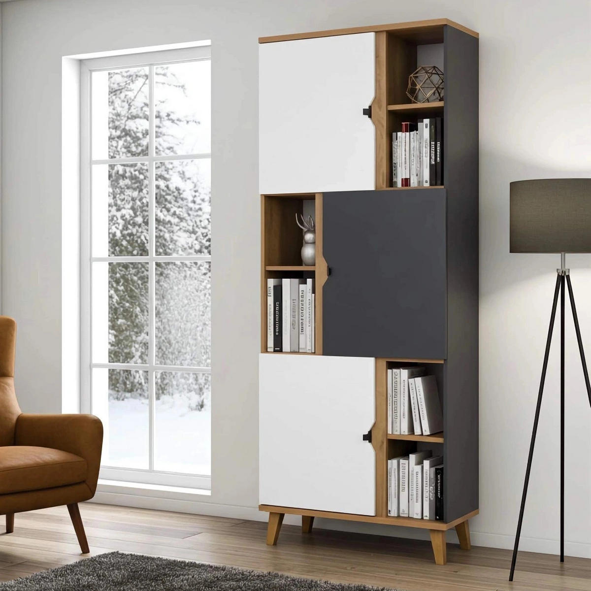 BÜCHERREGAL Aster 80cm 3-türig - Eichefarben/Graphitfarben, Holzwerkstoff/Kunststoff (80/200/40cm) - Ravio