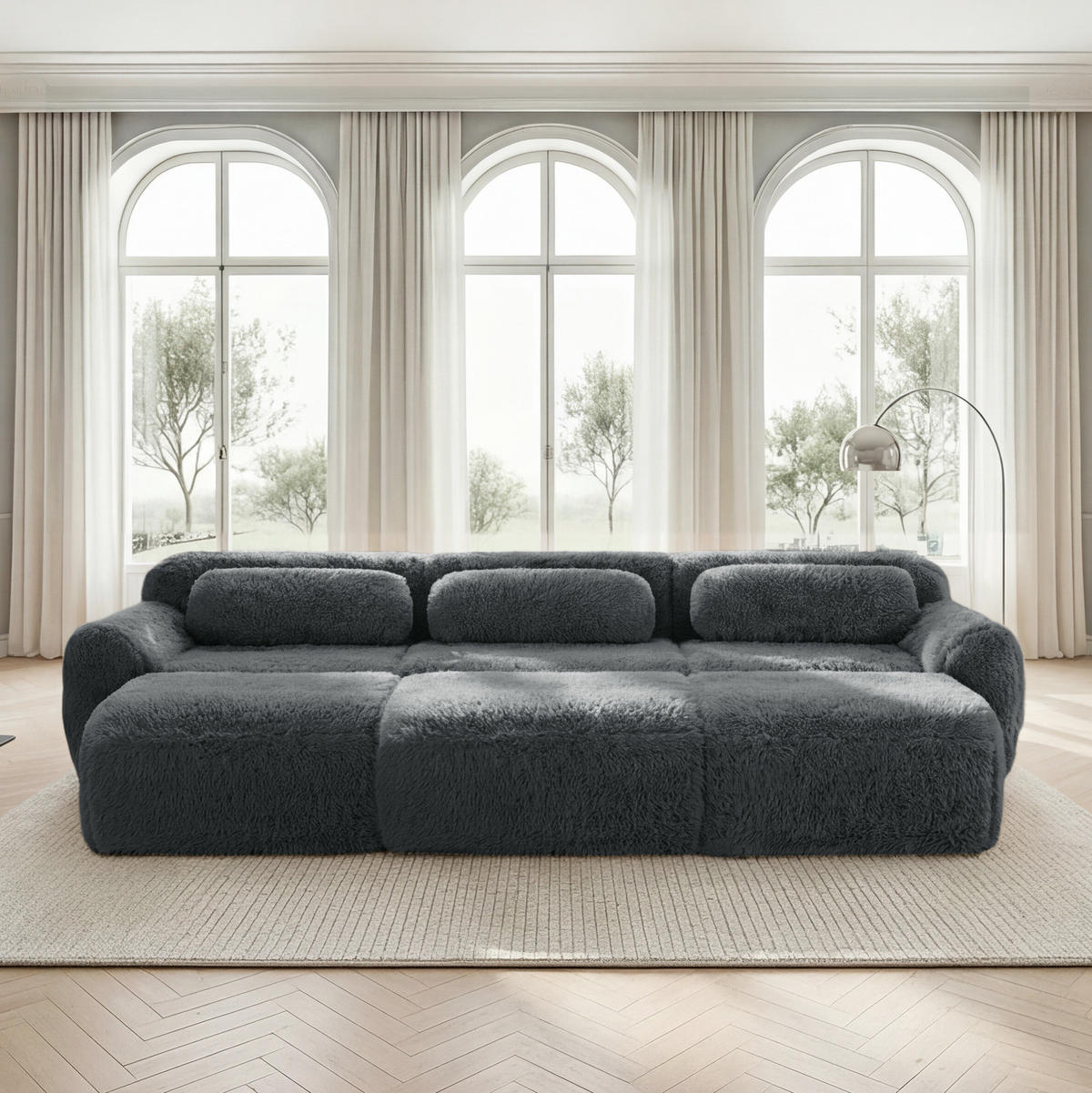 SOFA 291/179/73 cm in Grau mit Ottomans, rahmenlos und besonders weich - Grau, Textil (179/73/291cm) - Flora Grace