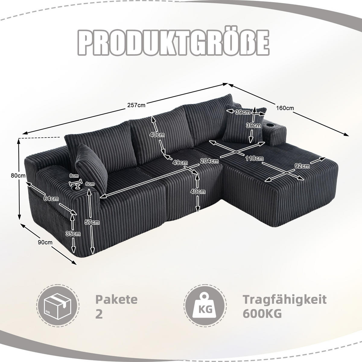 ECKSCHLAFSOFA Modulares Sofa mit Schlaffunktion,Chaiselongue + Zweisitzer,Grau - Grau, Textil (257/160cm) - LVHOM