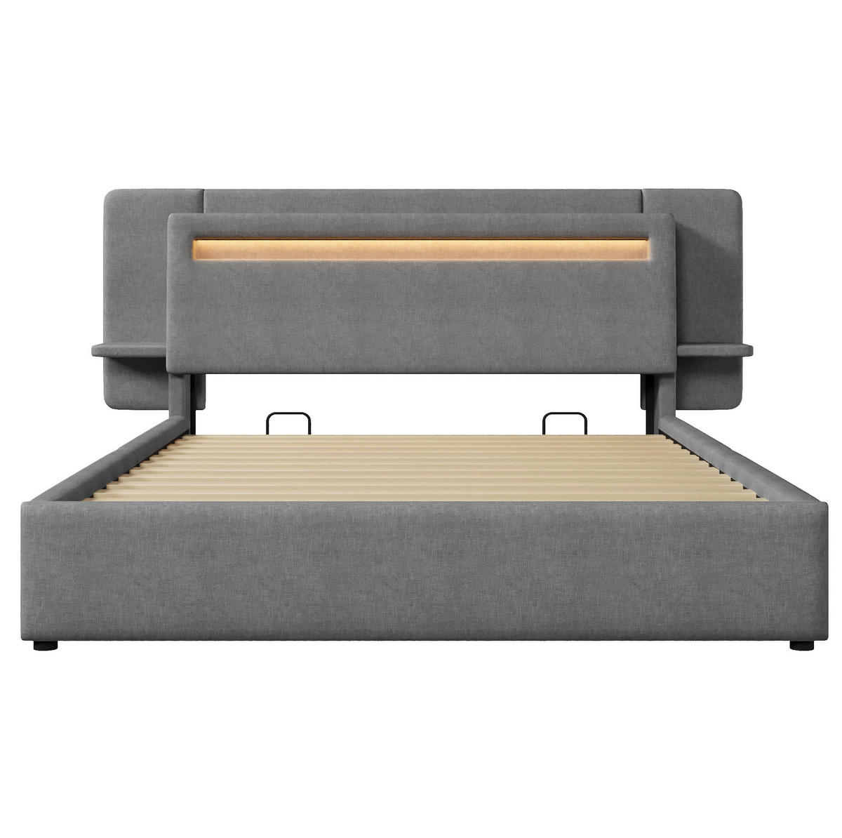 POLSTERBETT aus MDF und Leinen 140x200 cm Grau mit Bettkasten, LED-Beleuchtung, Nachttisch und USB-Anschluss - Grau, Textil (140/200cm) - Modfu