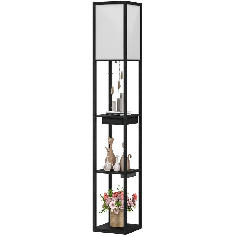 STEHLEUCHTE 26/26/159 cm Schwarz mit 3 Fächern, E27 Sockel, USB-A, USB-C Anschlüssen, ohne Glühbirne - Schwarz, Holz (26/26/159cm) - Oxeza