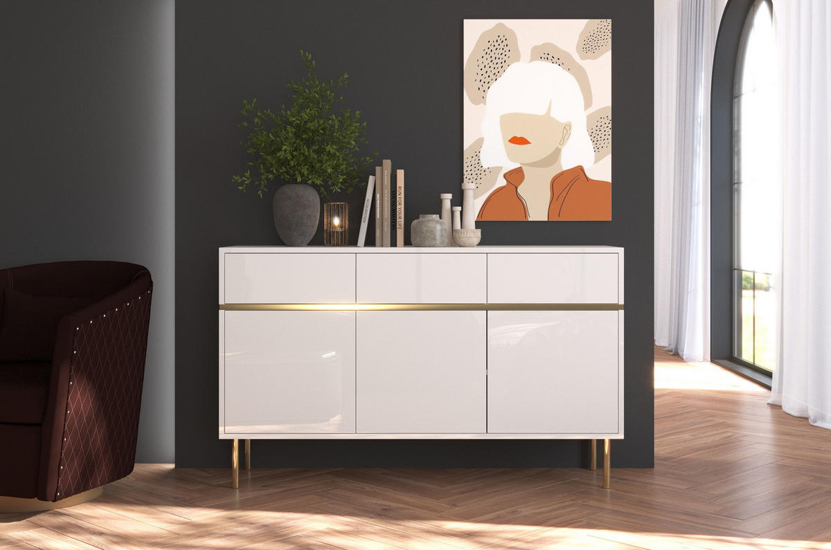 SIDEBOARD Marika, Weiß, Gold, Hochglanz - Goldfarben/Weiß, Holzwerkstoff/Metall (137.5/85/39.5cm) - Dancan