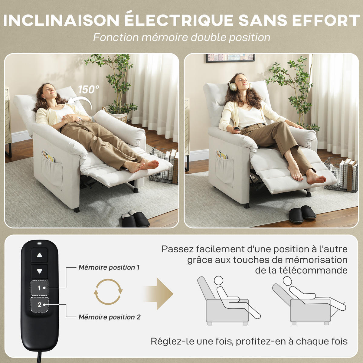 MASSAGESESSEL Creme mit Massagefunktion, Liegefunktion und USB-Anschluss 99/82/106 cm - Creme, Textil (99/106/82cm) - PANGIVO