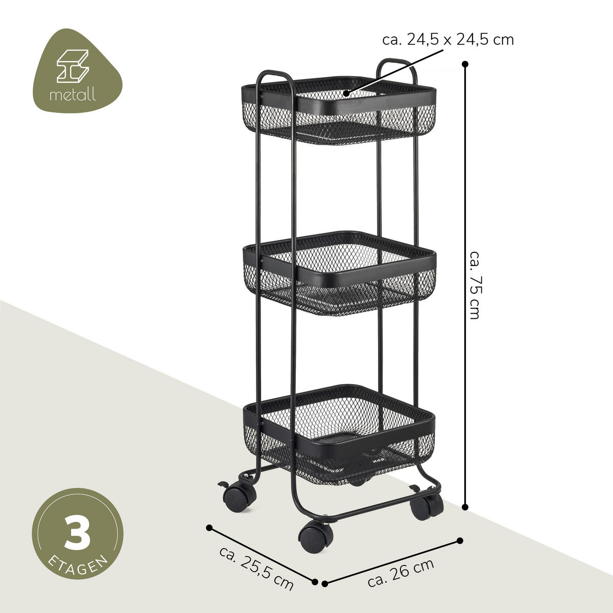 ROLLWAGEN, schwarz, Metall - Schwarz, Metall (24.5/7.5/24.5cm) - eluno