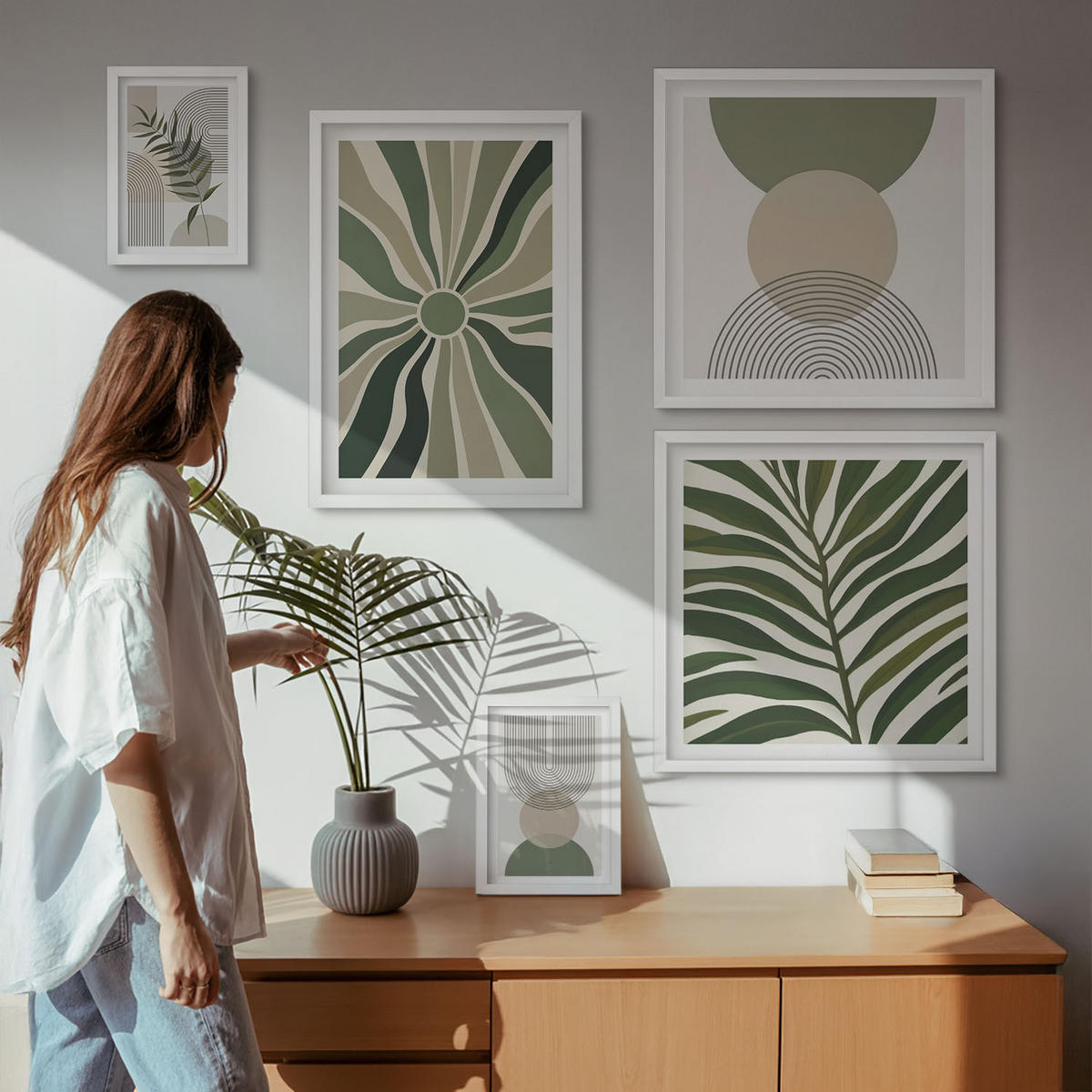 BILDER SET 5er Set - 50x50 cm & 20x30 cm & 40x60 cm Weißer Rahmen - Abstrakte Blätter im Boho-Stil - Weiß, Kunststoff (40/60cm) - TULUP