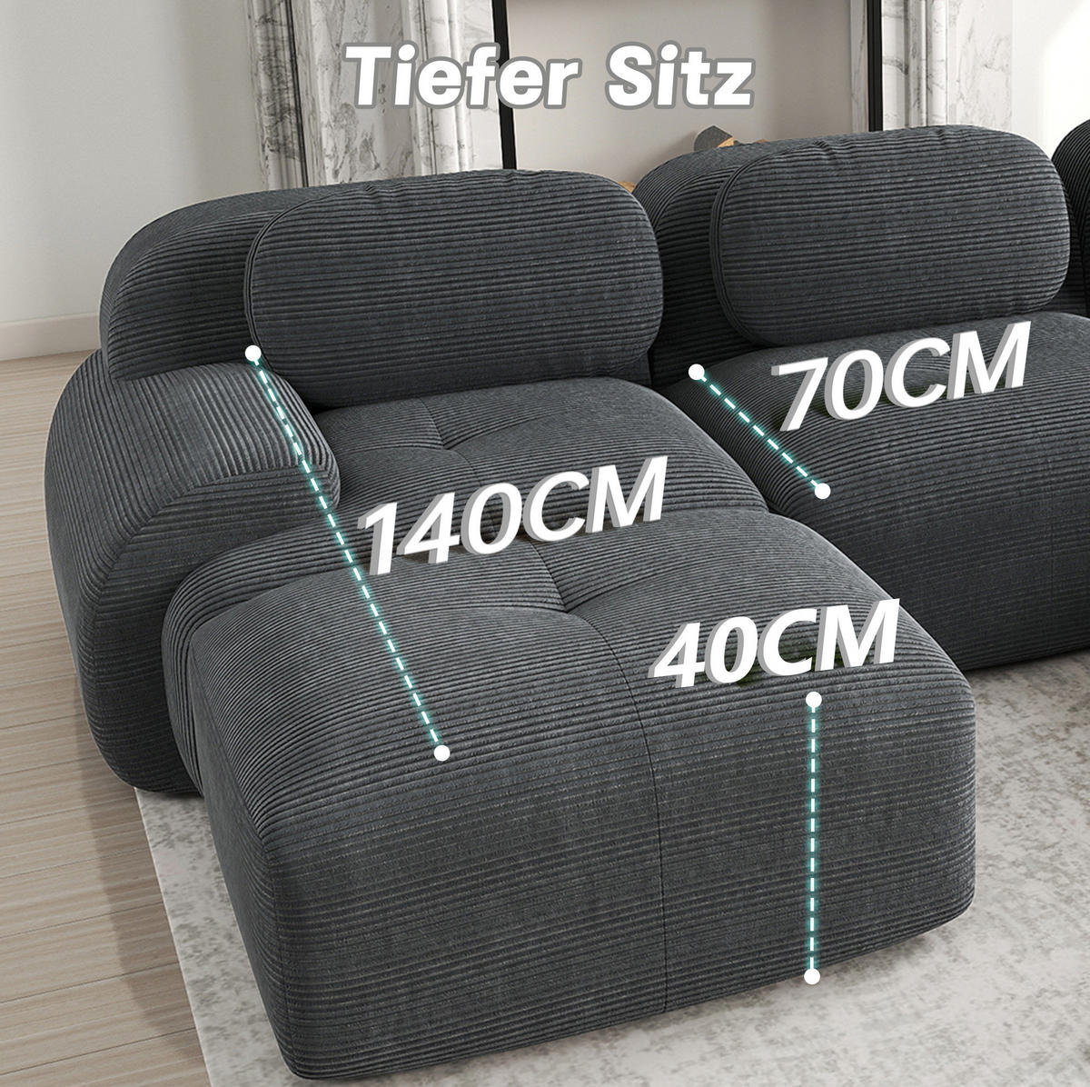 MODULÁRNÍ rohová pohovka z manšestru 208/178/70 cm bez rámu, s ergonomickými područkami a protiskluzovou základnou, Šedá - šedá, textil (208/75/178cm) - Redom