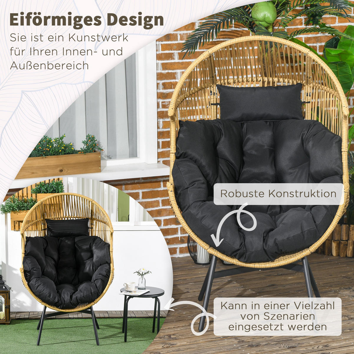 GARTENSESSEL in Eiform, 120 kg belastbar, für Terrasse, Garten, Sand - Sandfarben, Kunststoff (75/143/89cm) - Outsunny