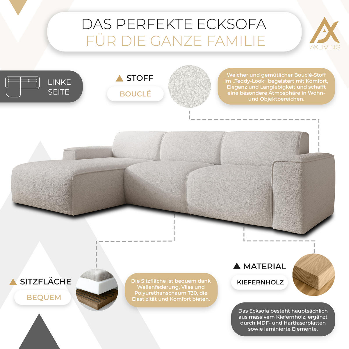 ECKSOFA L Form Didim mini Weiß 310/165/78 cm – stilvolle kleine Eckcouch L - Schwarz/Weiß, Kunststoff/Textil (165/310cm) - AX Living