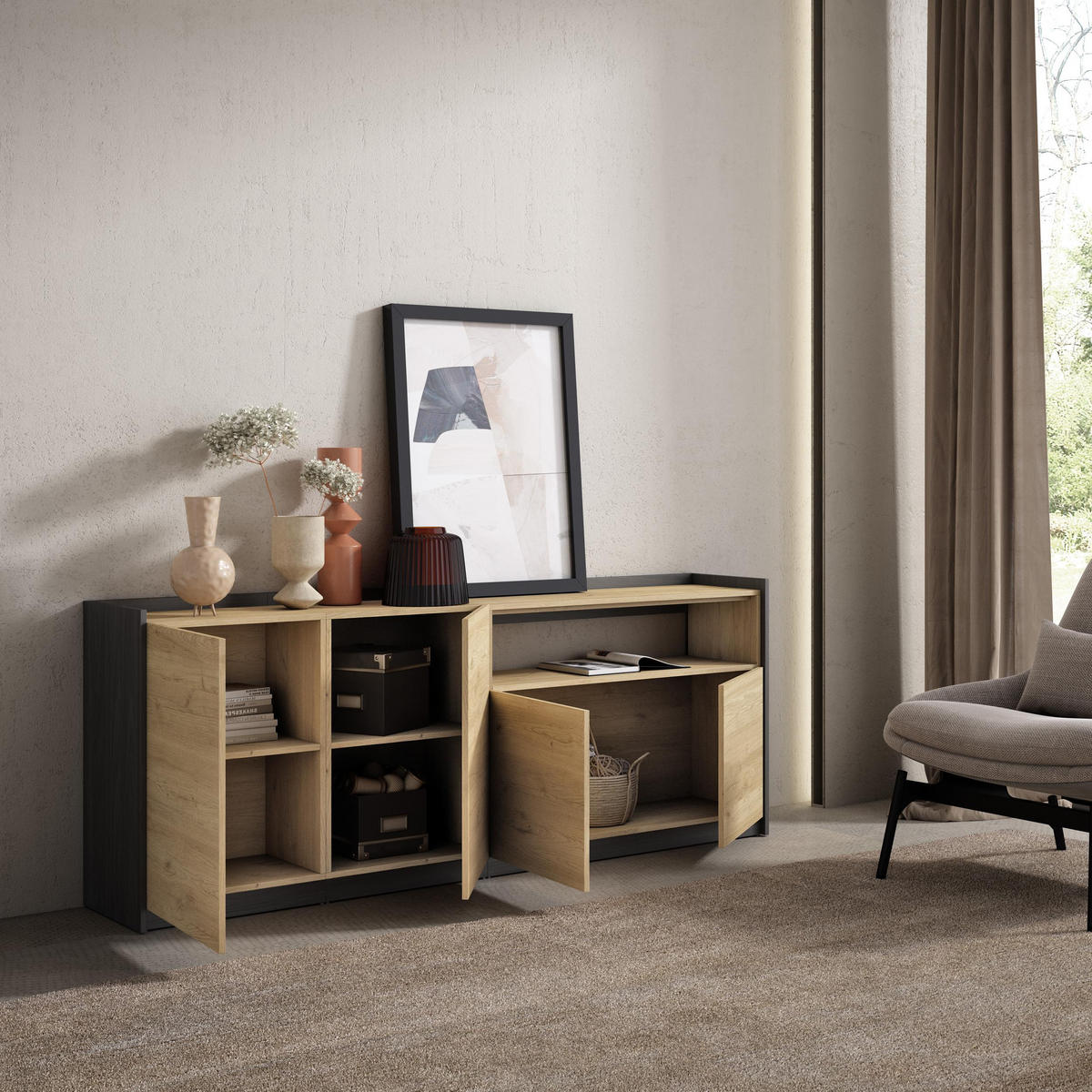 SIDEBOARD, Highboard, Eiche Schwarz, 207/37/80cm - Eichefarben, Holzwerkstoff (207/80/37cm) - Skraut Home