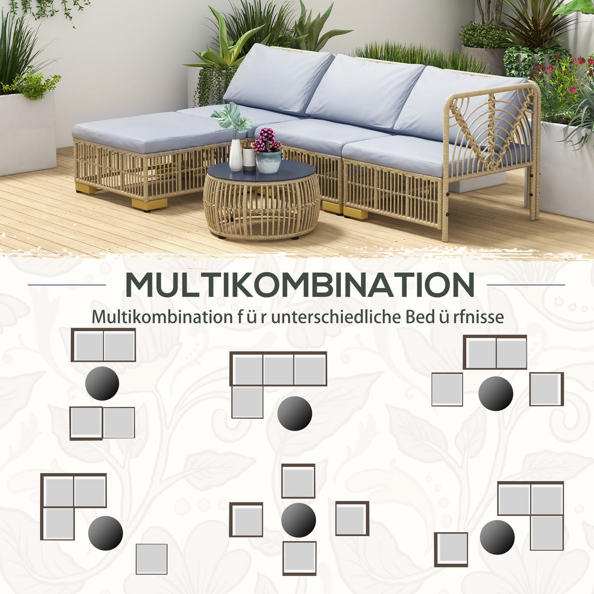 GARTENMÖBEL Set, PE Rattan, Beige+Grau - Beige/Grau, Kunststoff - Outsunny