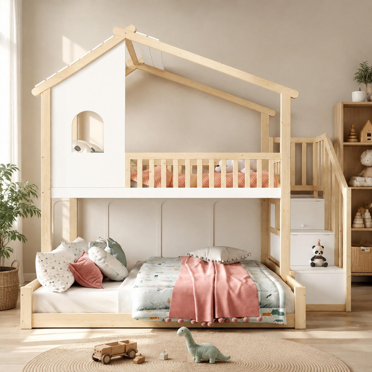 ETAGENBETT 90/200+140/200 mit Stauraumleiter und Fenster in Natur und Weiß - Multicolor, Holzwerkstoff (90/200cm) - EVRYAE