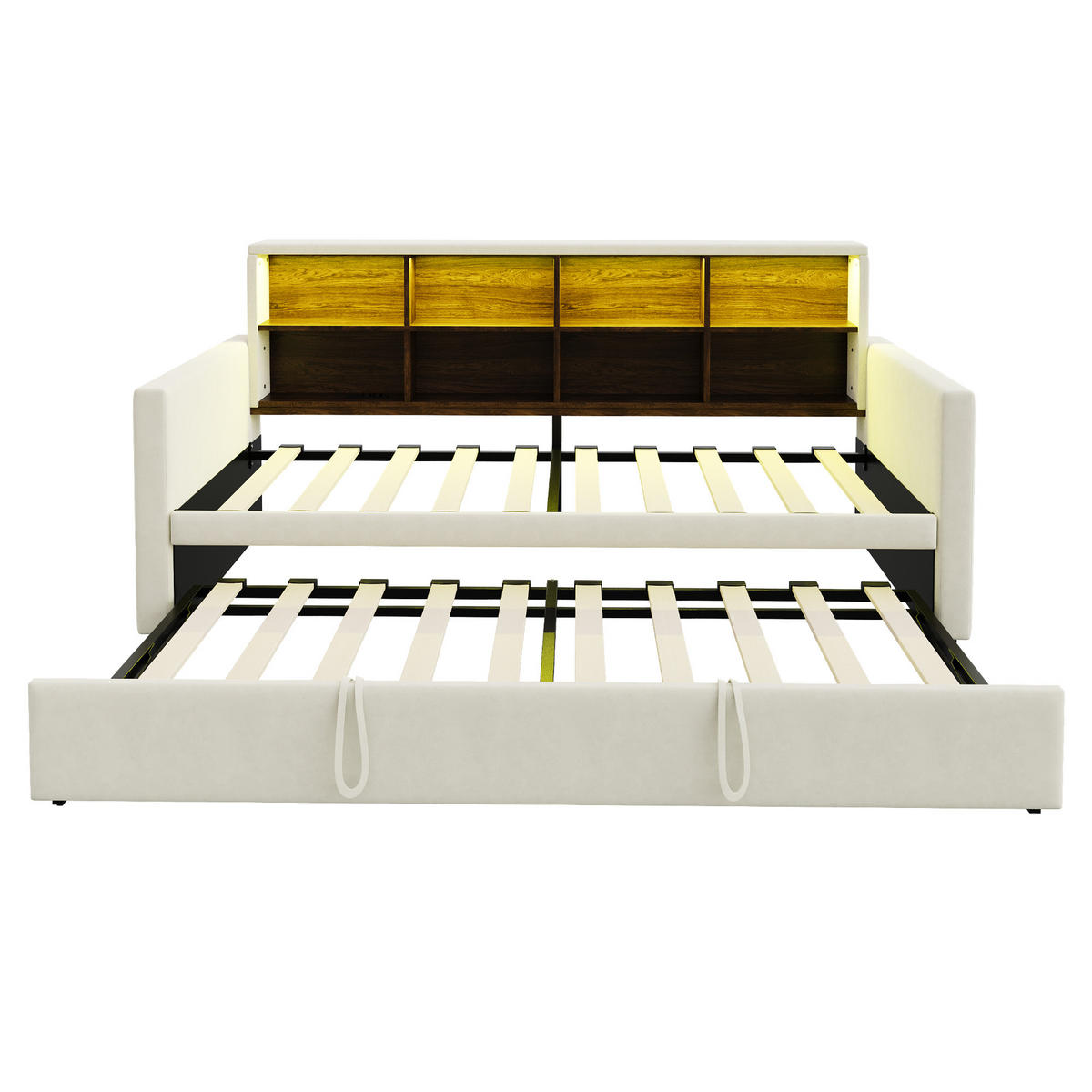 POLSTERBETT 90/190 cm Beige mit ausziehbarem Unterbett mit LED-Beleuchtung und Stauraum - Beige, Textil (90/190cm) - OKWISH