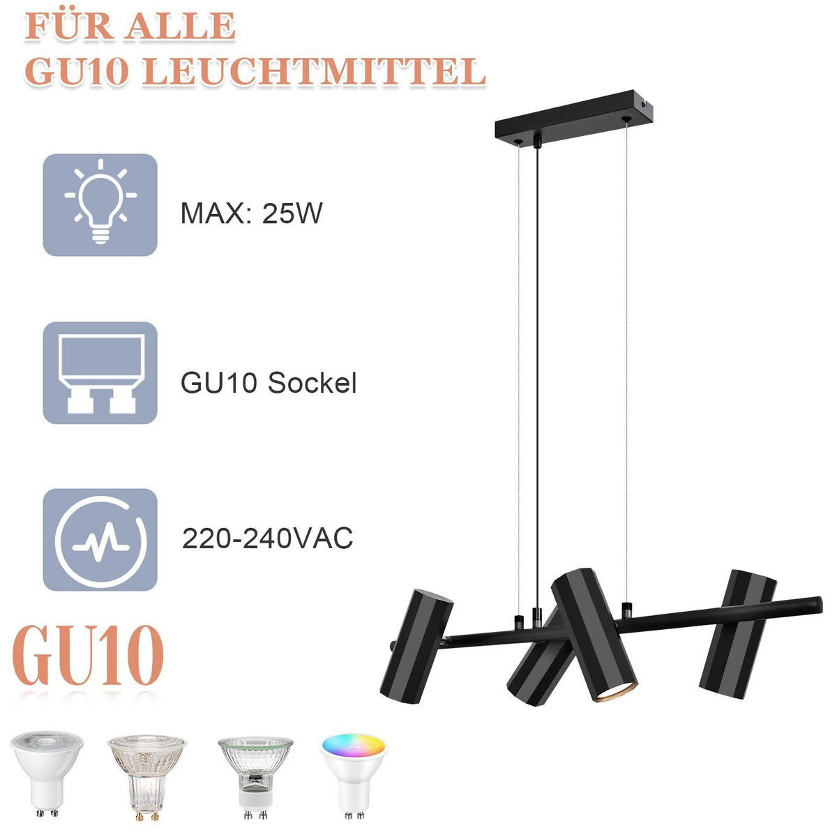 HÄNGELEUCHTE Stärke 4-flammig 66/6/170 cm - Schwarz, Metall (66/6/170cm) - Nettlife