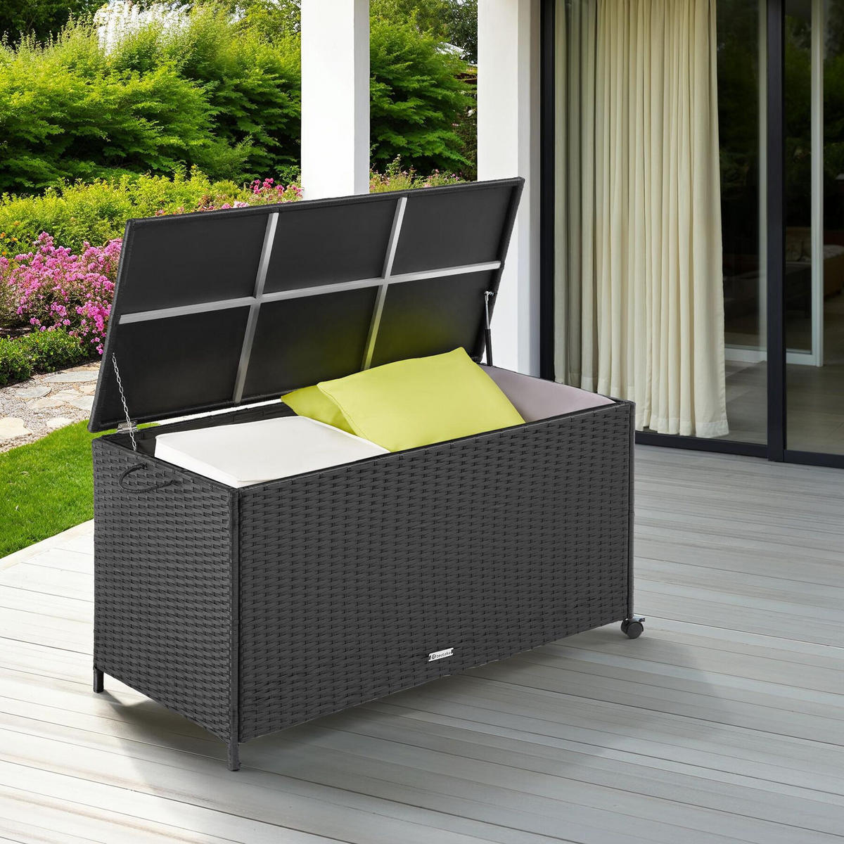 AUFLAGENBOX Kuusamo,117 x 54 x 64 cm,schwarz - Schwarz, Kunststoff (54.5/63/117cm) - tectake