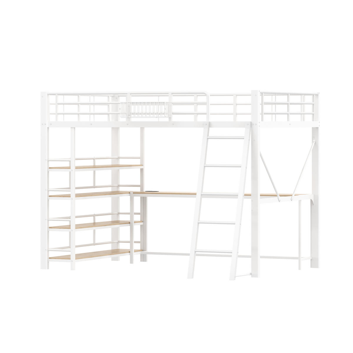 HOCHBETT 140/200 cm in Weiß mit integriertem Schreibtisch, 4-stöckigem Regal, LED und Ladestation aus Metall und MDF - Weiß, Holzwerkstoff/Metall (140/200cm) - STILVORA