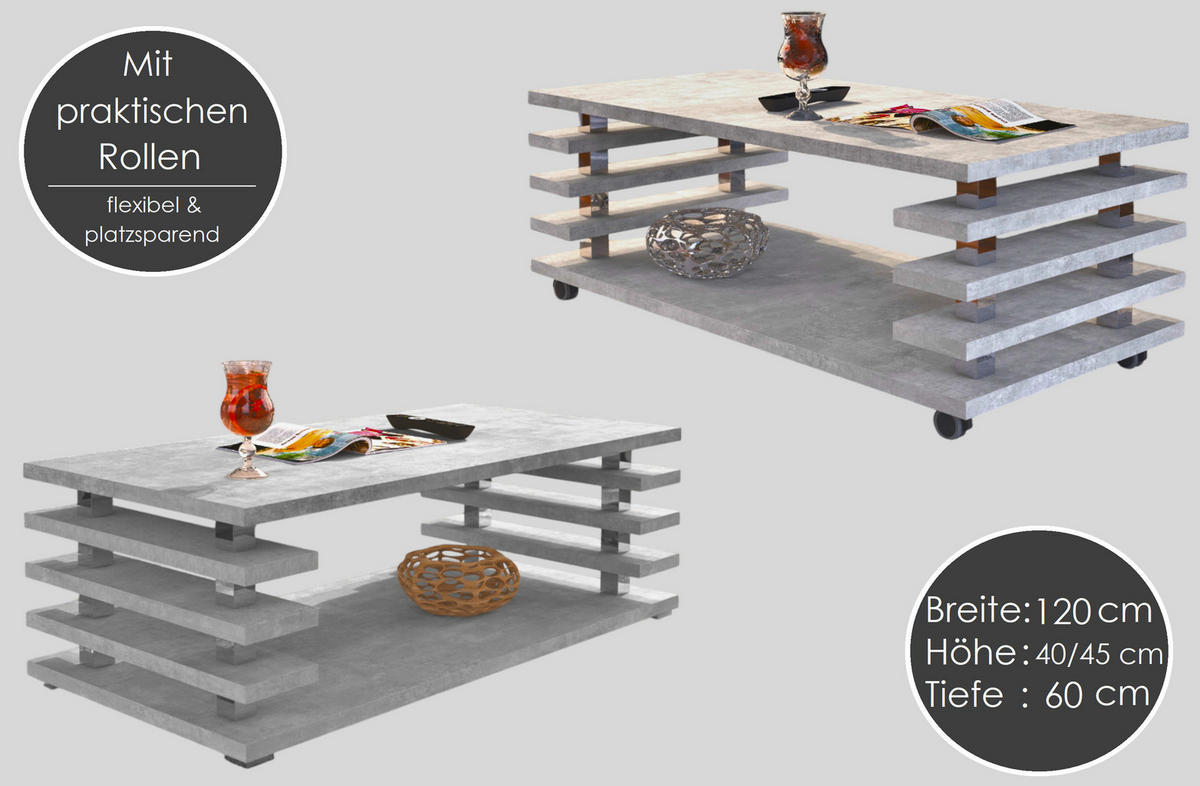 COUCHTISCH rechteckig Sonoma Eiche - Weiß Hochglanz Ablage Rollen - Weiß Hochglanz/Sonoma Eiche, Holzwerkstoff (60/120/45cm) - designimpex
