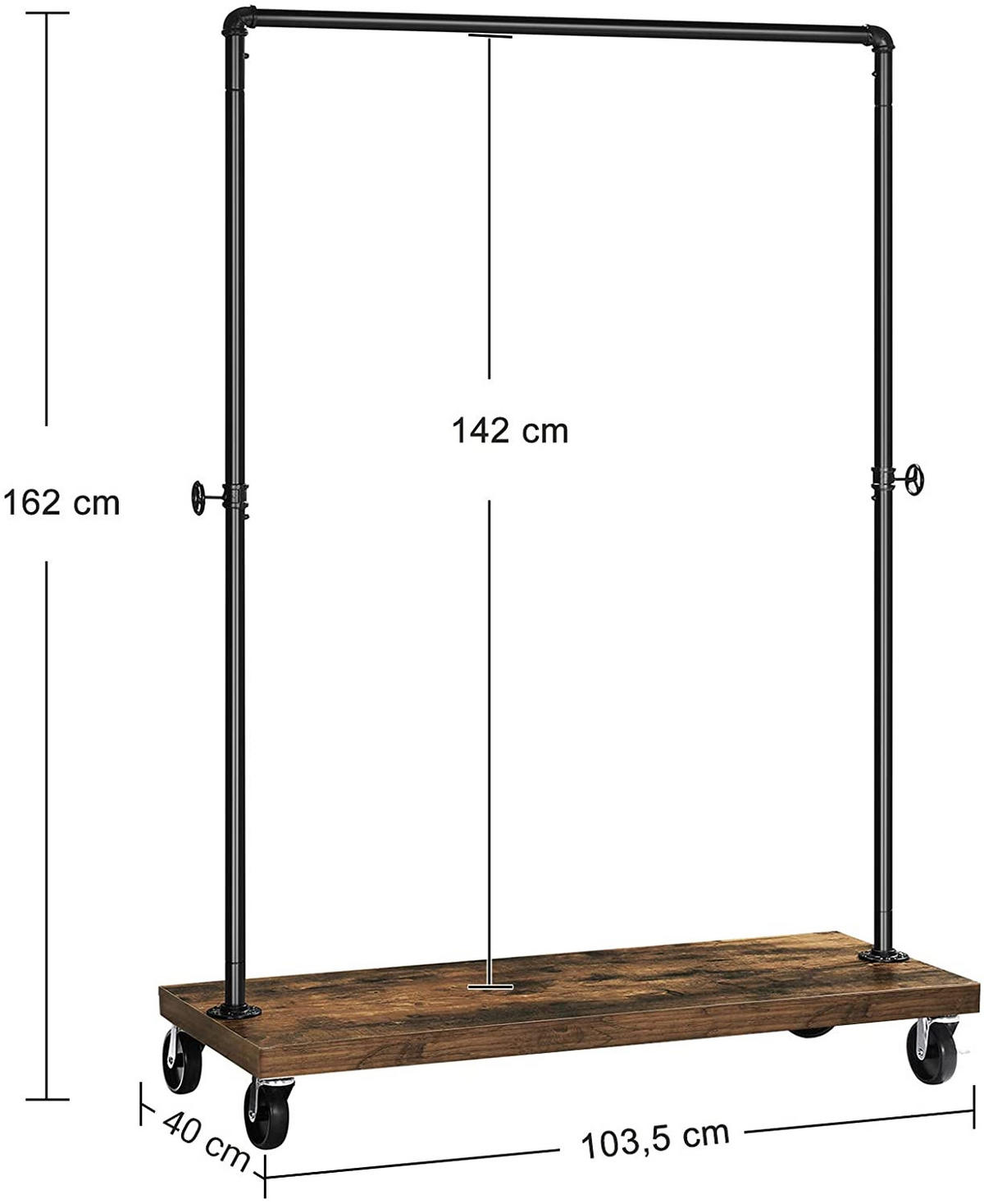 GARDEROBENSTÄNDER Rustikal Braun 103,5x40 cm HSR65BX Mit Rollen - Schwarz, Metall (103.5/162/40cm) - Edanti