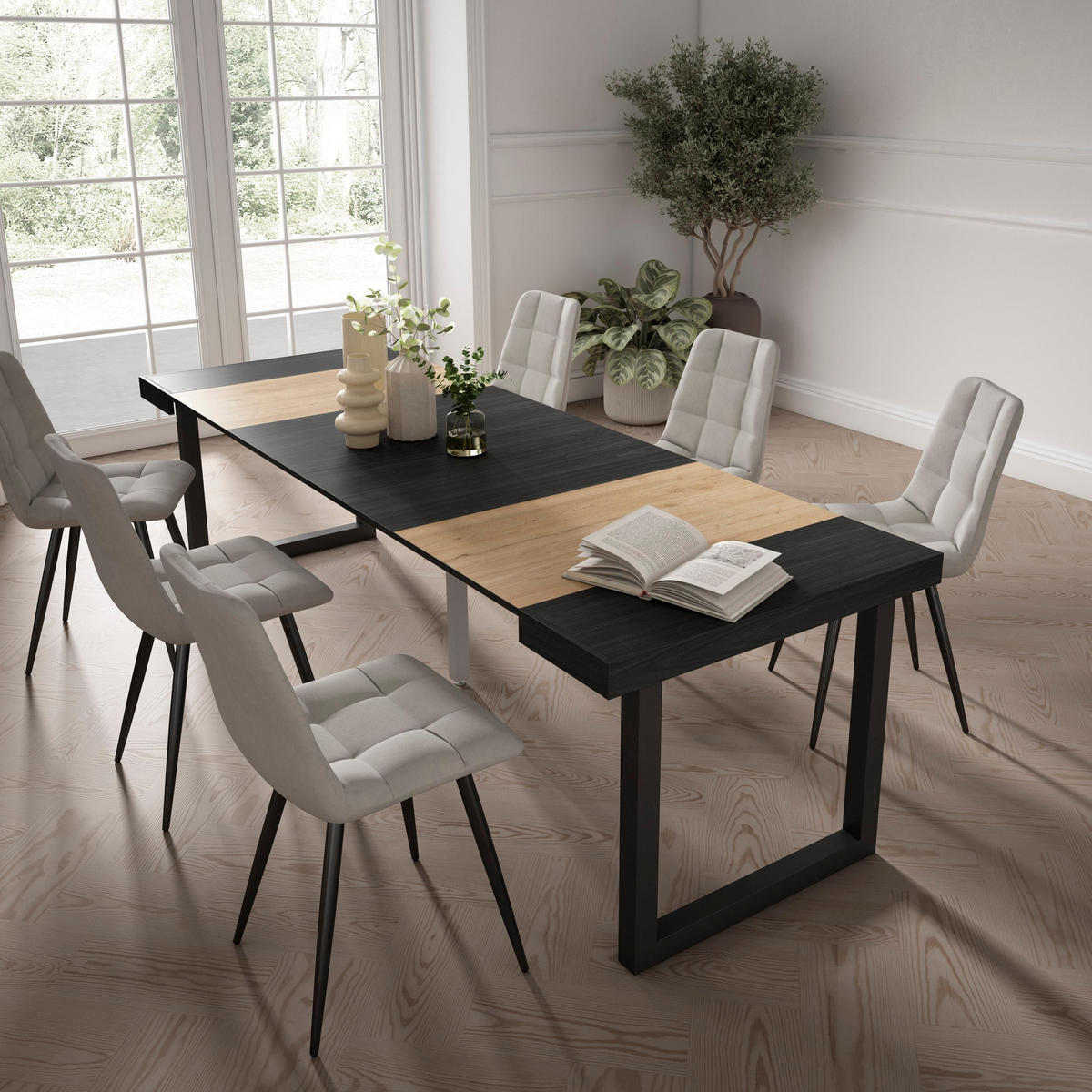 KONSOLENTISCH ausziehbar 58 bis 262cm, für 12 Gäste, eiche, schwarz, 90/58/73cm - Eichefarben/Schwarz, Holzwerkstoff (90/262/73cm) - Skraut Home