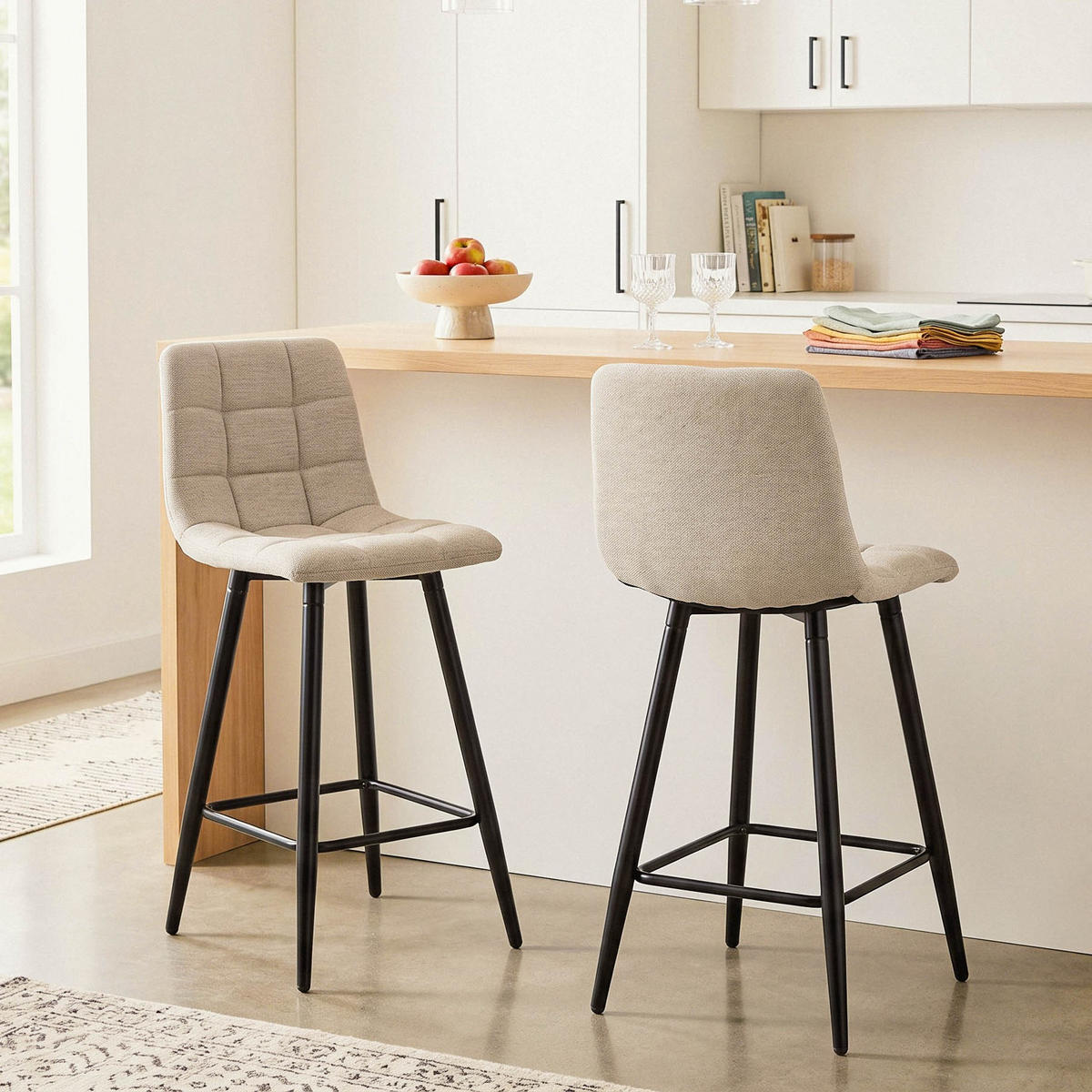 2ER-SET gepolsterter Hocker aus meliertem Stoff 42/94/51 cm - Beige, Textil (42/94/49cm) - Calicosy