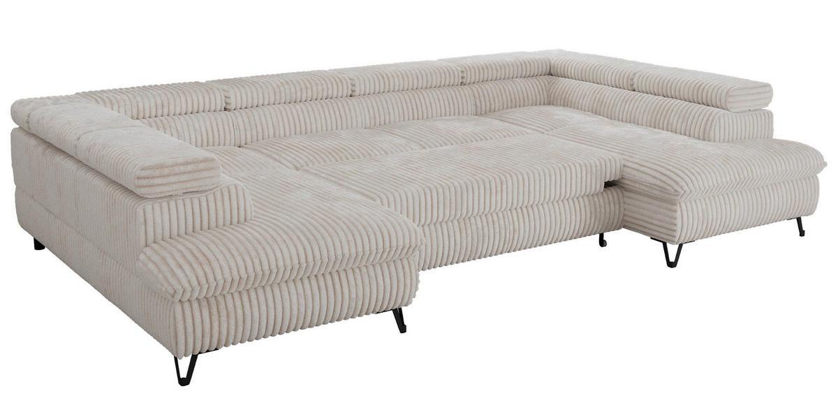 WOHNLANDSCHAFT PABLO U Cord Beige mit Topper Visco - Beige/Schwarz, Textil/Metall (346/76/208cm) - MKS