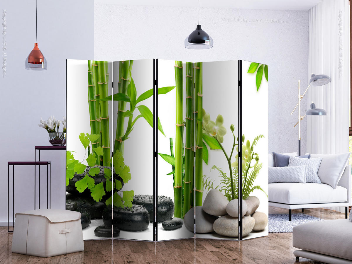 PARAVÁN Akustický 5-Dielny 225x172 cm Bambusy a Kamene - viacfarebná, drevo/textil (225/172/3cm) - Muralo