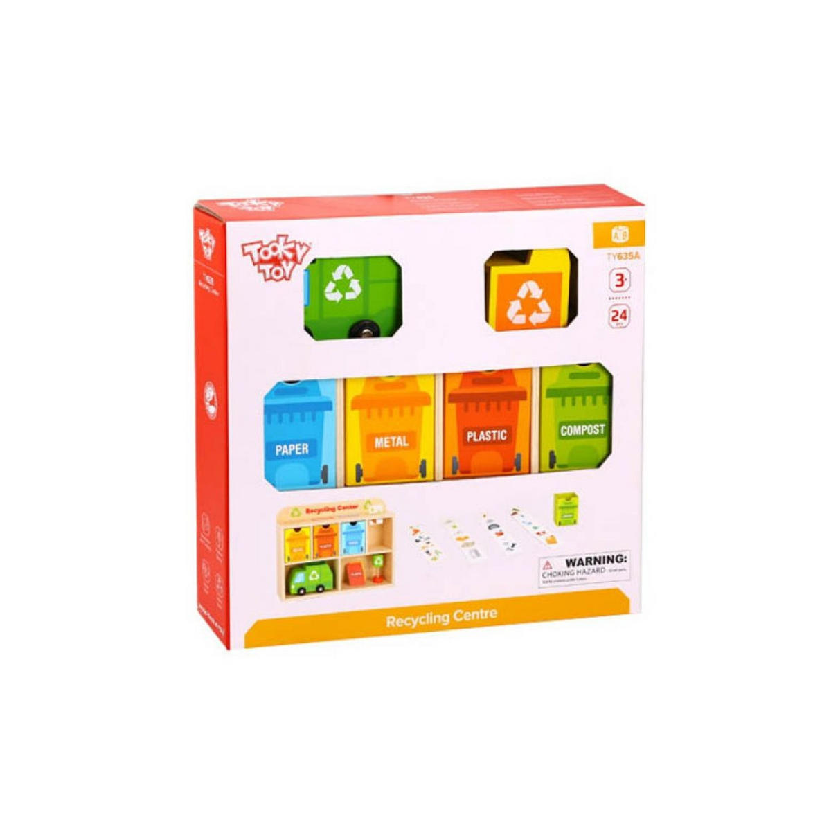 SPIELZEUG Recycling Center TY635A orange Holz, Recyclinghof, Müllauto, 4 Mülleimer, Bildkarten, Sortierspiel - Orange, Holz (6/30cm) - Tooky Toy