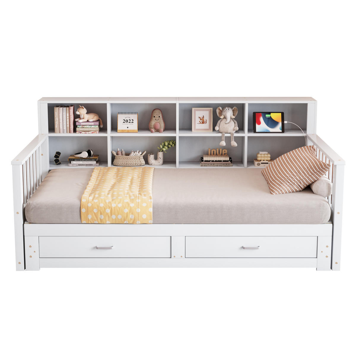 BETT aus Kiefernholz 90x190/180x190 cm Weiß mit Ausziehbett, Steckdose, Stauraumrückenlehne und 2 Schubladen - Weiß, Holzwerkstoff (90/190cm) - Modfu