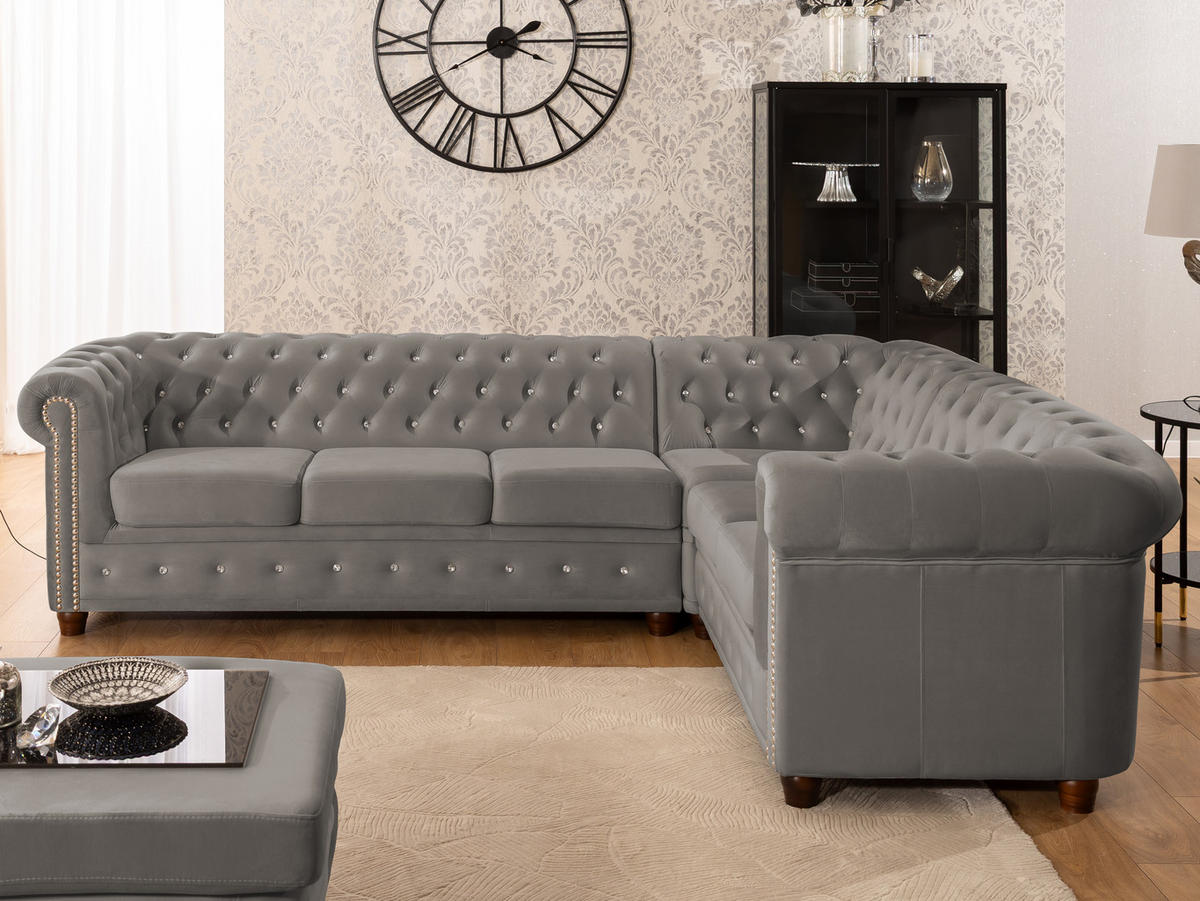 ECKSOFA Chesterfield Cleo Blink Grau Samt mit Kristallsteppung und braunen Massivholzfüßen - Ottomane Rechts - Braun/Grau, Holz/Textil (264/210cm) - S-Style Möbel