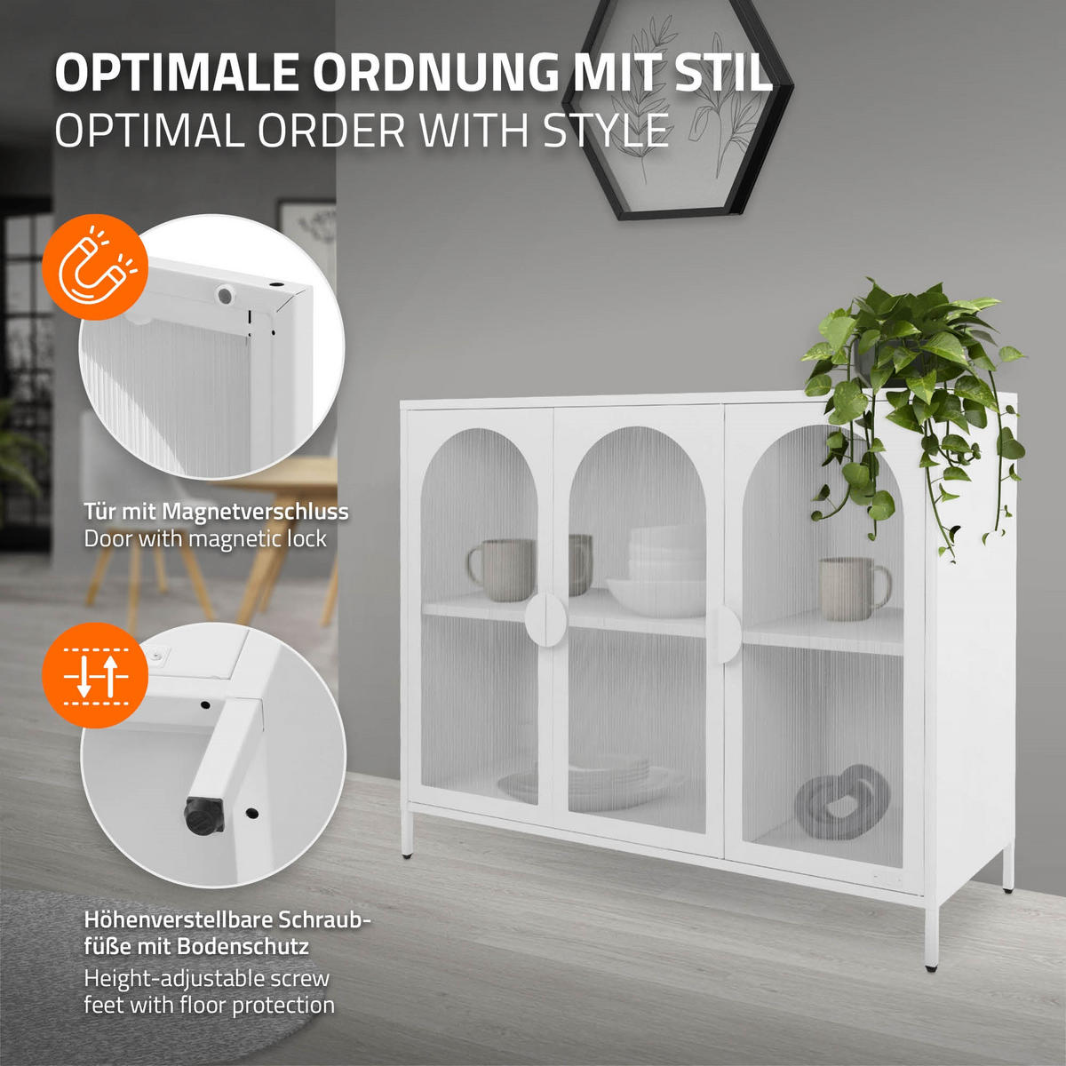 VITRINENSCHRANK aus Stahl 120x93x40 cm Weiß mit 3 Türen - Weiß, Metall (120/93/40cm) - ML-DESIGN