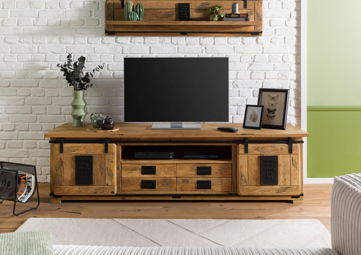 TV-BOARD Mango 200x55x55 natur lackiert RAILWAY #314 - Naturfarben, Holz (200/55/55cm) - Massivmoebel24