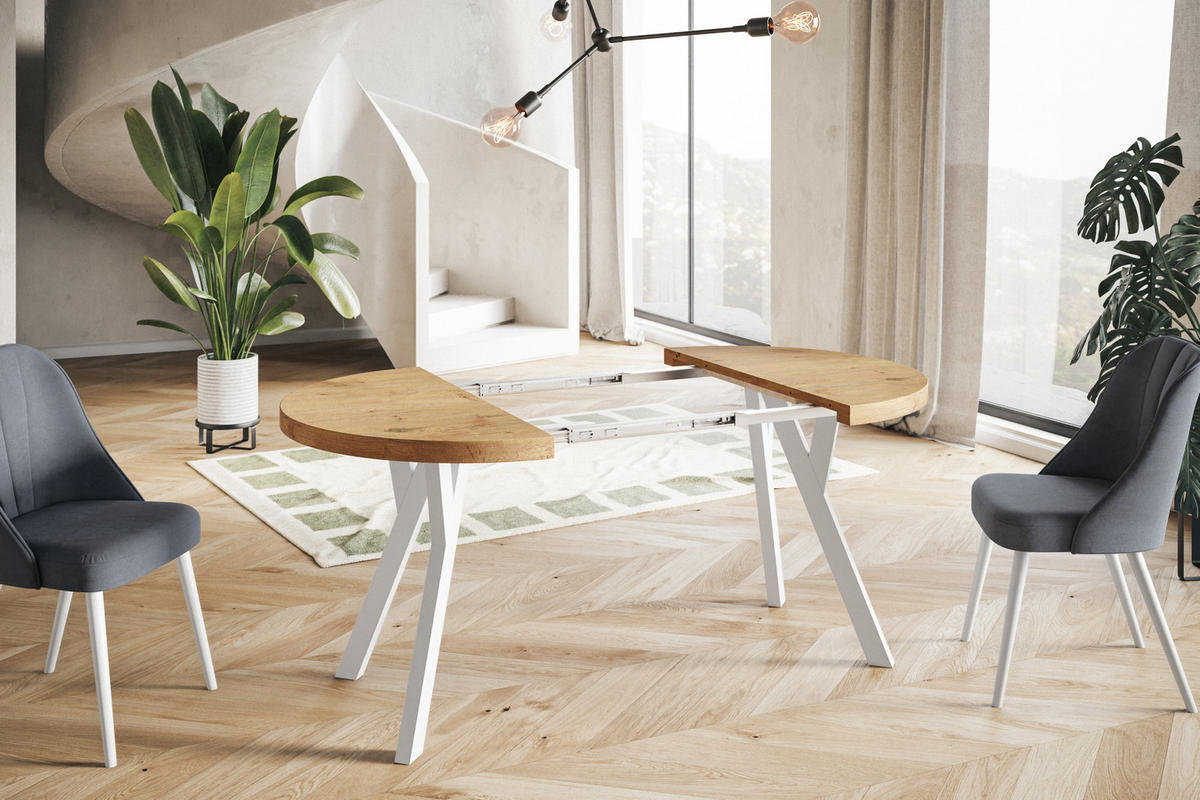 ESSZIMMERTISCH OVO, ausziehbarer Tisch 120 cm bis 220 cm, Farbe: LANCELOT, mit Holzbeinen in Farbe Weiß - Beige/Weiß, Holzwerkstoff (120/120/77cm) - Alpi-Möbel