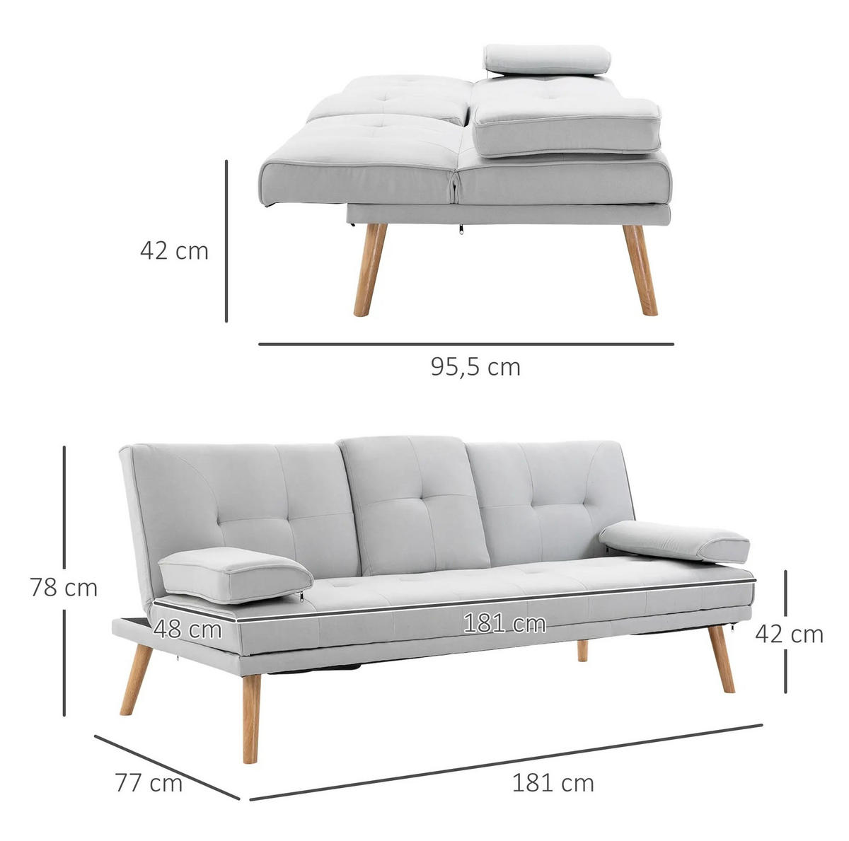 ROZKLADACIA pohovka na spanie z polyesteru, 181/77/72 cm svetlosivá, 3-miestna rozkladacia - svetlosivá, textil (77/78/181cm) - BEAOK