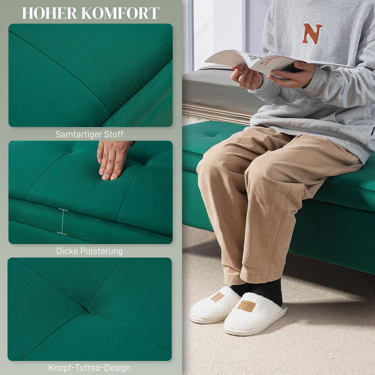SITZBANK mit Stauraum, Polsterbank mit Samtoptik, Metallbeine, für Wohnzimmer - Goldfarben/Grün, Kunststoff/Textil (44/44.5/120cm) - HOMCOM