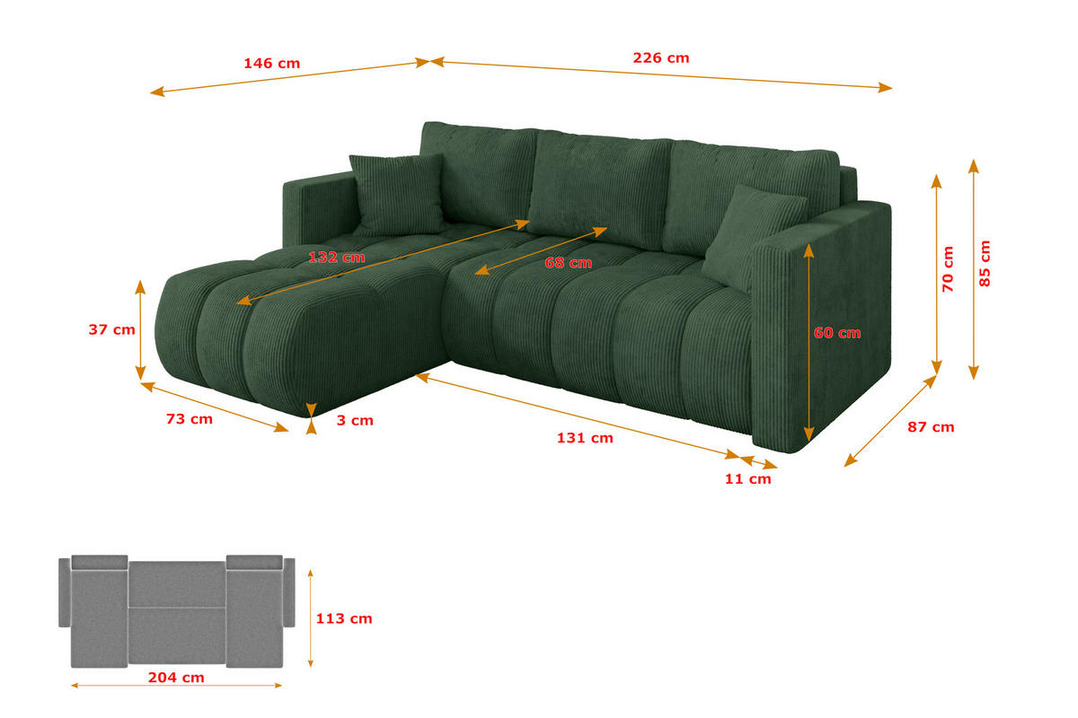ROHOVÁ SEDAČKA s funkcí spaní, otoman vlevo GARD-L 226x146x85 zelená manšestr - černá/tmavě zelená, kompozitní dřevo/textil (226/146cm) - ALTDECOR