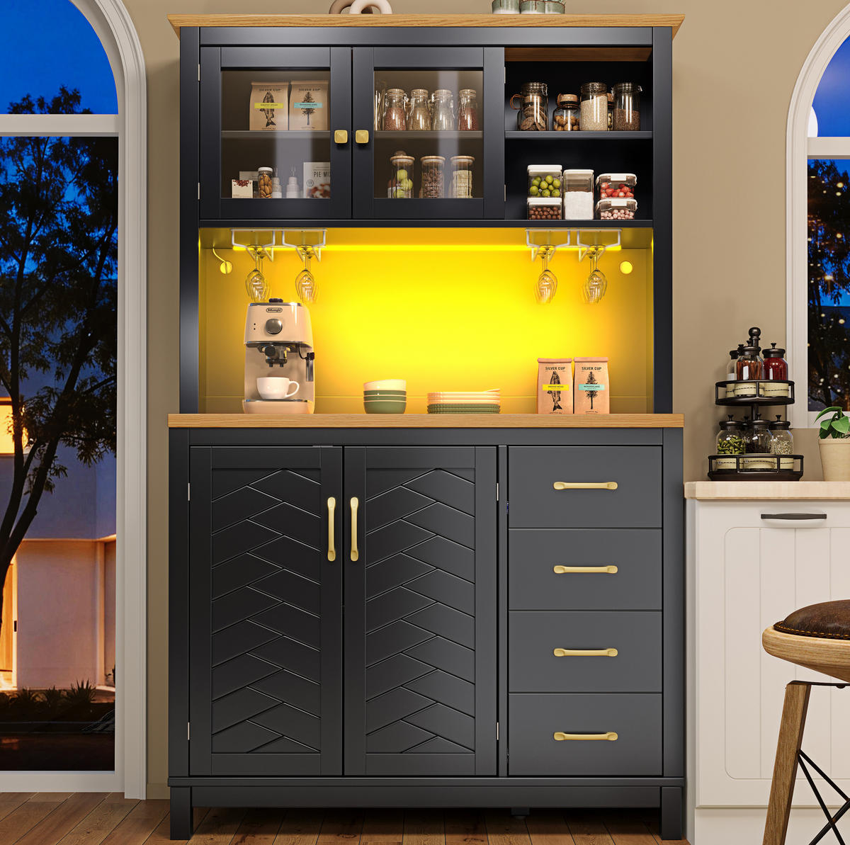BUFFET 105,5/40/180 cm mit 4 Türen, Schubladen & LED-Lichtleiste - Schwarz, Holzwerkstoff (105.5/180/40cm) - BEAOK