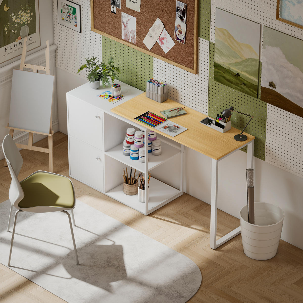 SCHREIBTISCH L-förmig 360° drehbar Eckschreibtisch mit Schränken Regalen Weiß - Silberfarben/Weiß, Holzwerkstoff/Metall (150/40/75cm) - HOMCOM