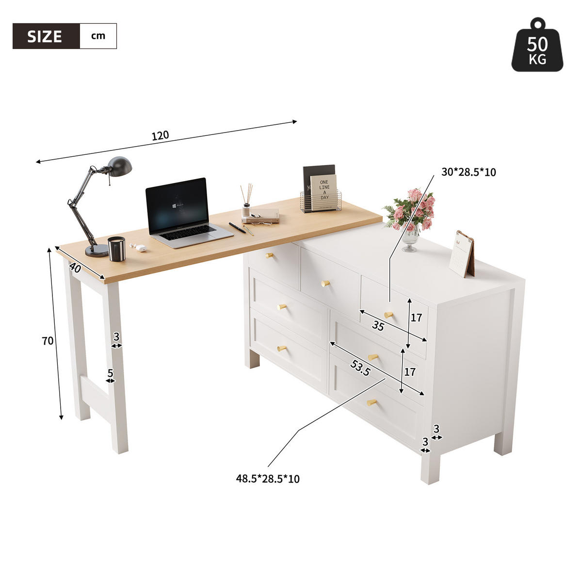 SCHREIBTISCH drehbar 120 x 40 x 70 cm Eichenoptik Weiß mit 7 Schubladen - Eichefarben, Holz (120/40/70cm) - Meubliv