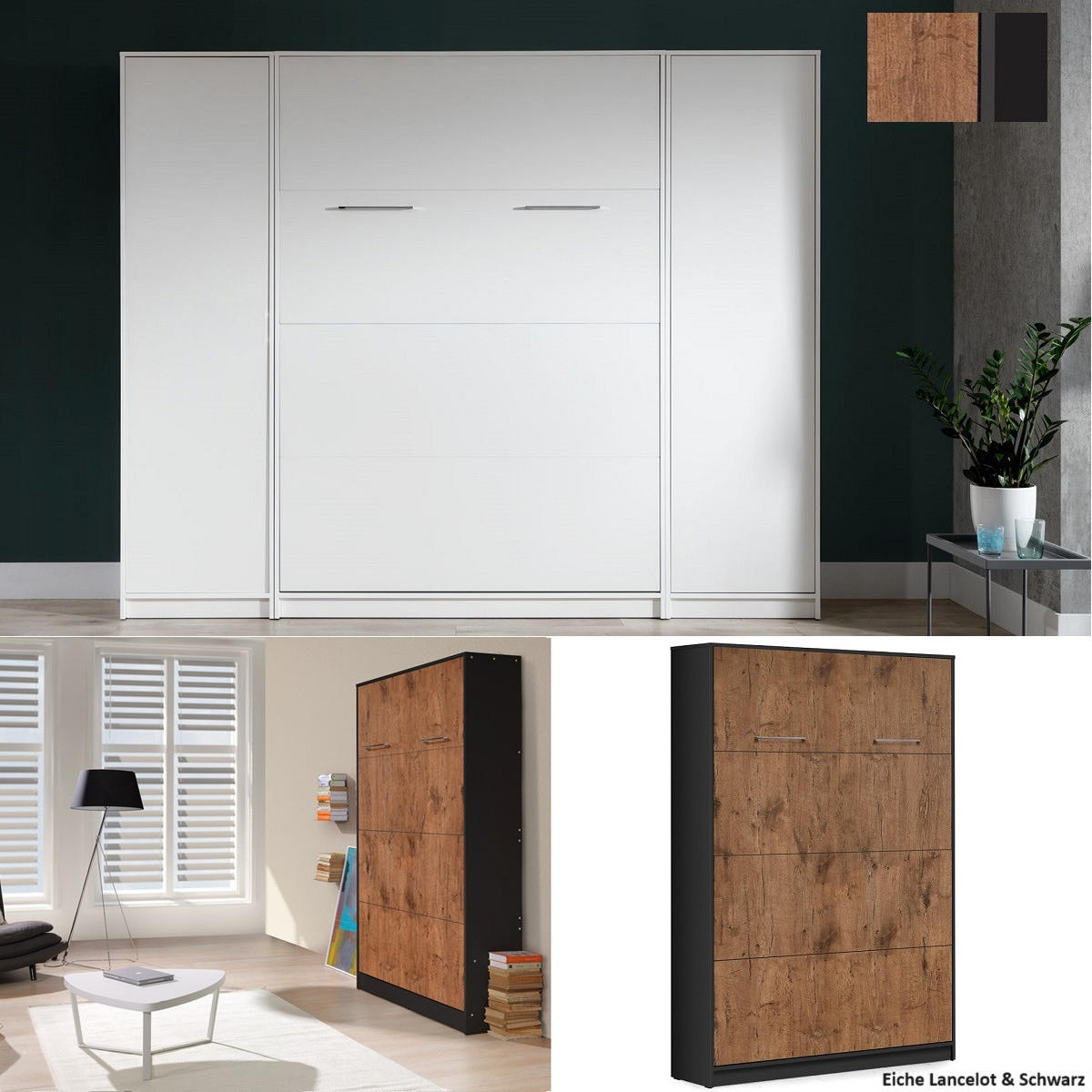 SCHRANKBETT Wandklappbett vetikal VB140x200 mit 2 Schränken - 3-tlg. - Eiche Lancelot & Schwarz - Schwarz/Braun, Holzwerkstoff (140/200cm) - QMM TraumMöbel