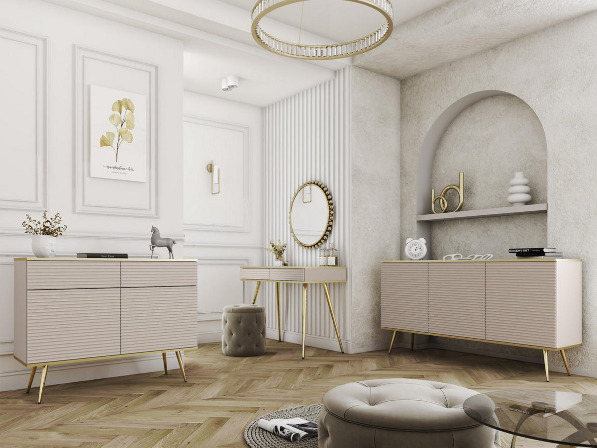 LOWBOARD TV BANFF RTV7-2D Goldene Metallbeine, geriffelte Fronten, Beige - Beige, Holzwerkstoff/Kunststoff (135/53/32cm) - Komodee