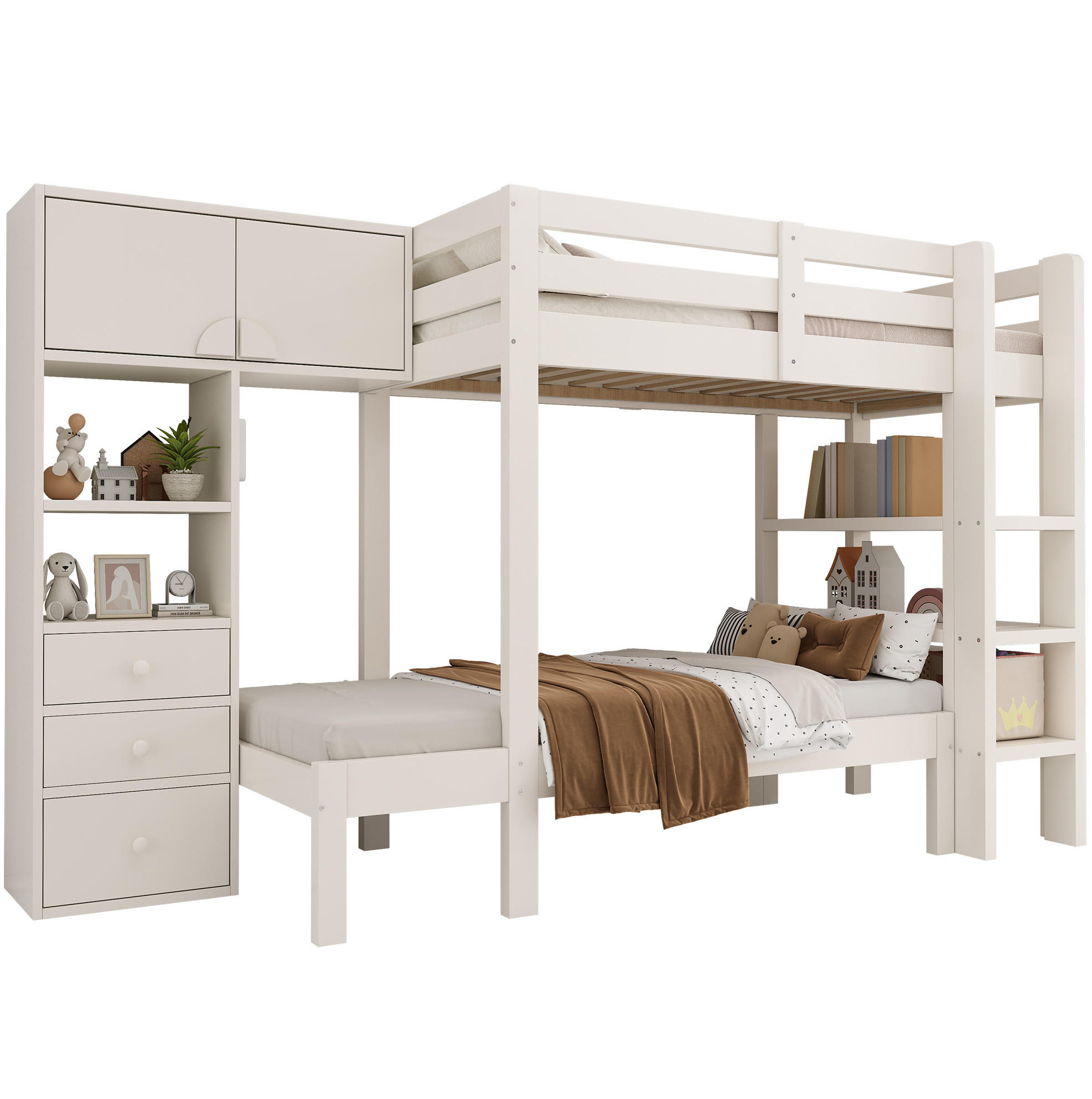 ETAGENBETT 90/200 cm Weiß mit Nachtlicht versetztem Design und Stauraum - Weiß, Metall (90/200cm) - OKWISH