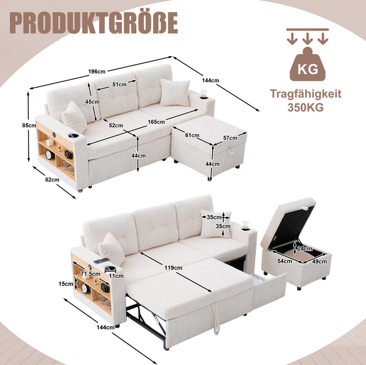 SCHLAFSOFA aus Cord 196x82-144x85 cm Beige mit Stauraum, USB-C, LED-Beleuchtung, Getränkehaltern und Ausziehfunktion - Beige, Textil (82/85/196cm) - Modfu