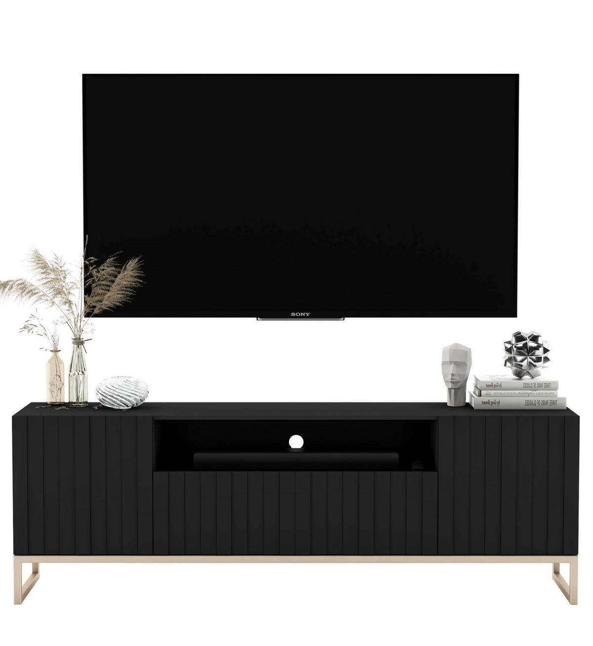 TV-SCHRANK Elpis2 Schwarz Matt mit Metallrahmen 150 cm - Goldfarben/Schwarz, Holzwerkstoff/Metall (150/51.5/36.5cm) - Meble Lindner