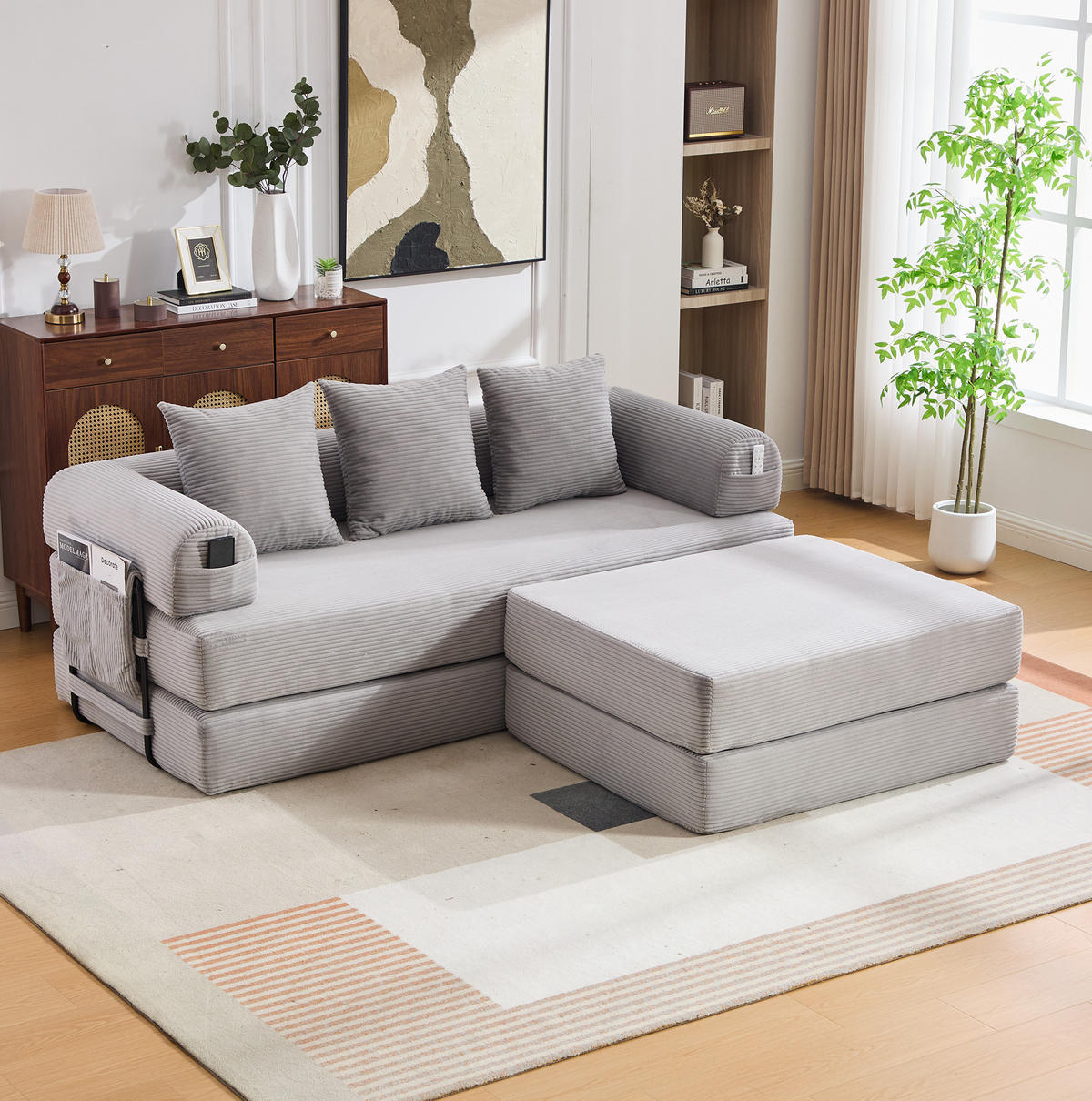 ECKSOFA aus Cord 200x190x67 cm Hellgrau frei kombinierbar mit Hocker, 3 Kissen und Seitentasche - Hellgrau, Textil (200/190cm) - Modfu