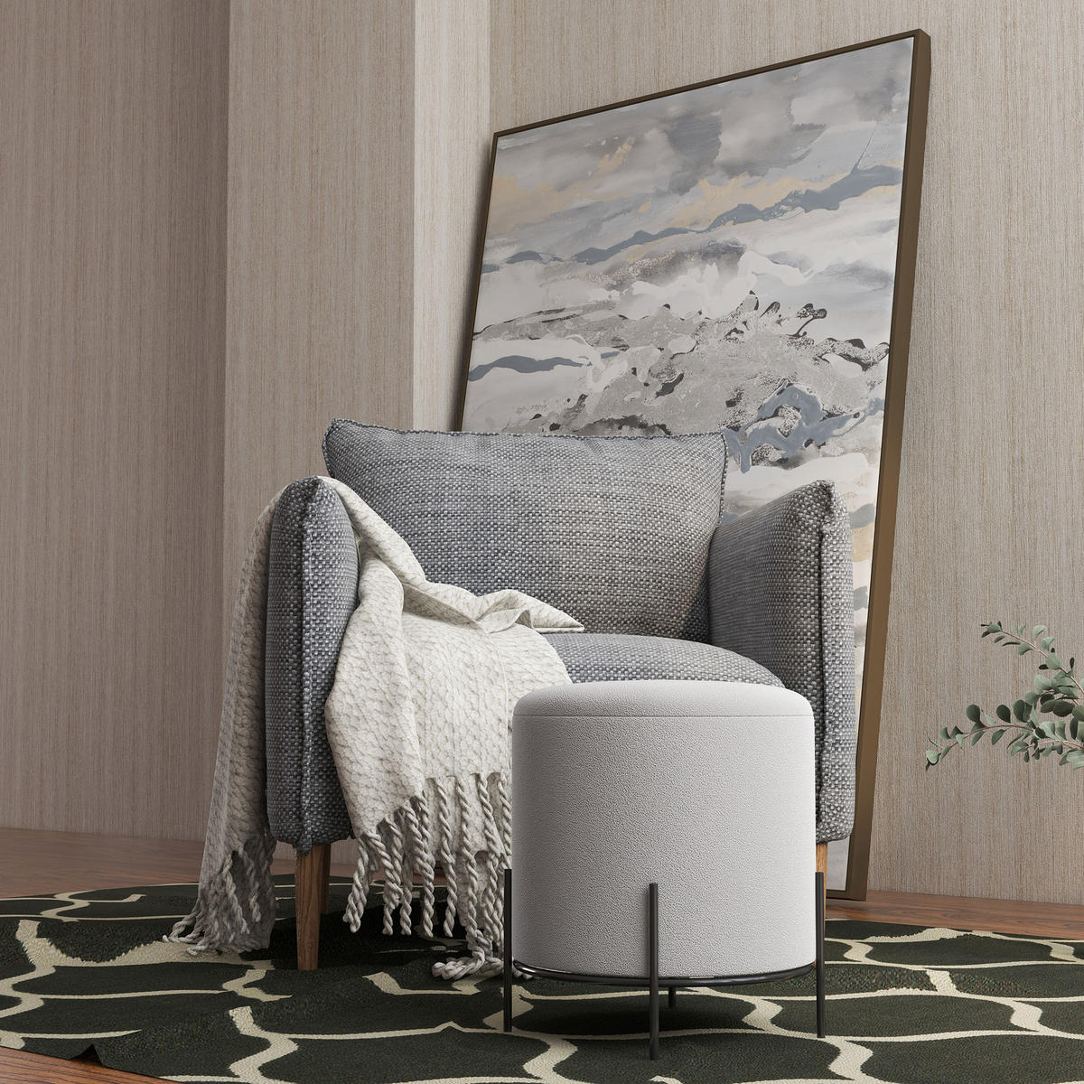 POUF DE-16375 Samtbezug mit Stahlbeinen Hellgrau - Hellgrau, Textil (35/38/35cm) - ComfortXL
