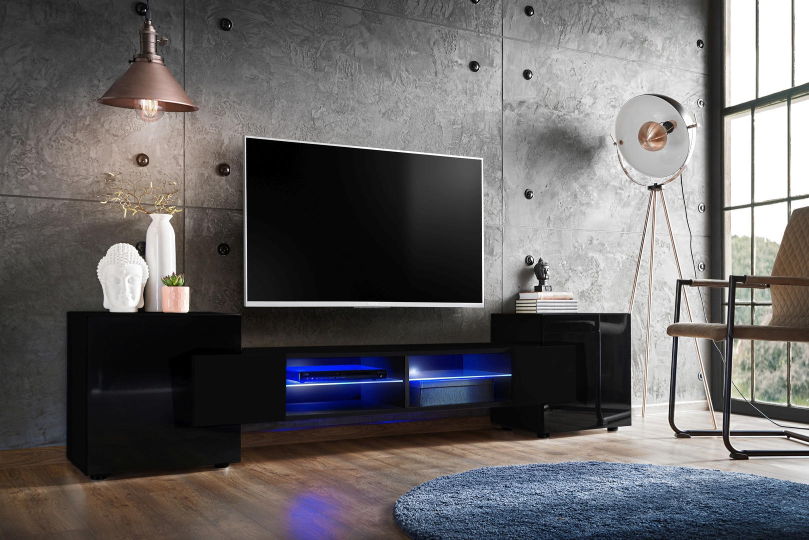 LOWBOARD MERANO Black, Blau LED Beleuchtung - Schwarz, Glas/Holzwerkstoff (230/52.5/35cm) - Komodee