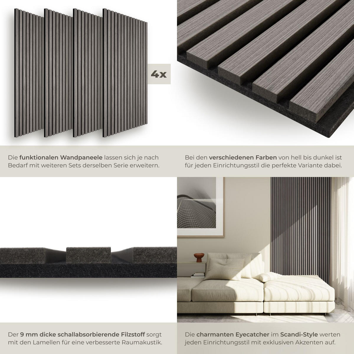 AKUSTIKPANEELE 4er Set Sonic Wall II Schallabsorber Holzoptik Eiche, Größe flexibel anpassbar, hellgrau - Eichefarben/Hellgrau, Holz (50/1.8/110cm) - tectake