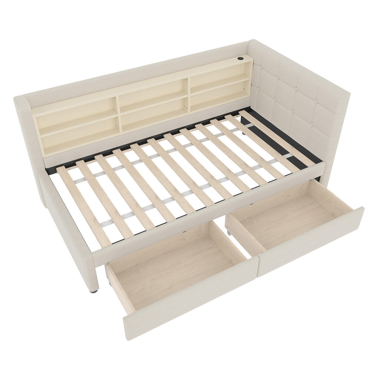 POLSTERBETT 90/200 cm beige mit 2 Schubladen und USB-Anschluss - Beige, Textil (90/200cm) - OKWISH