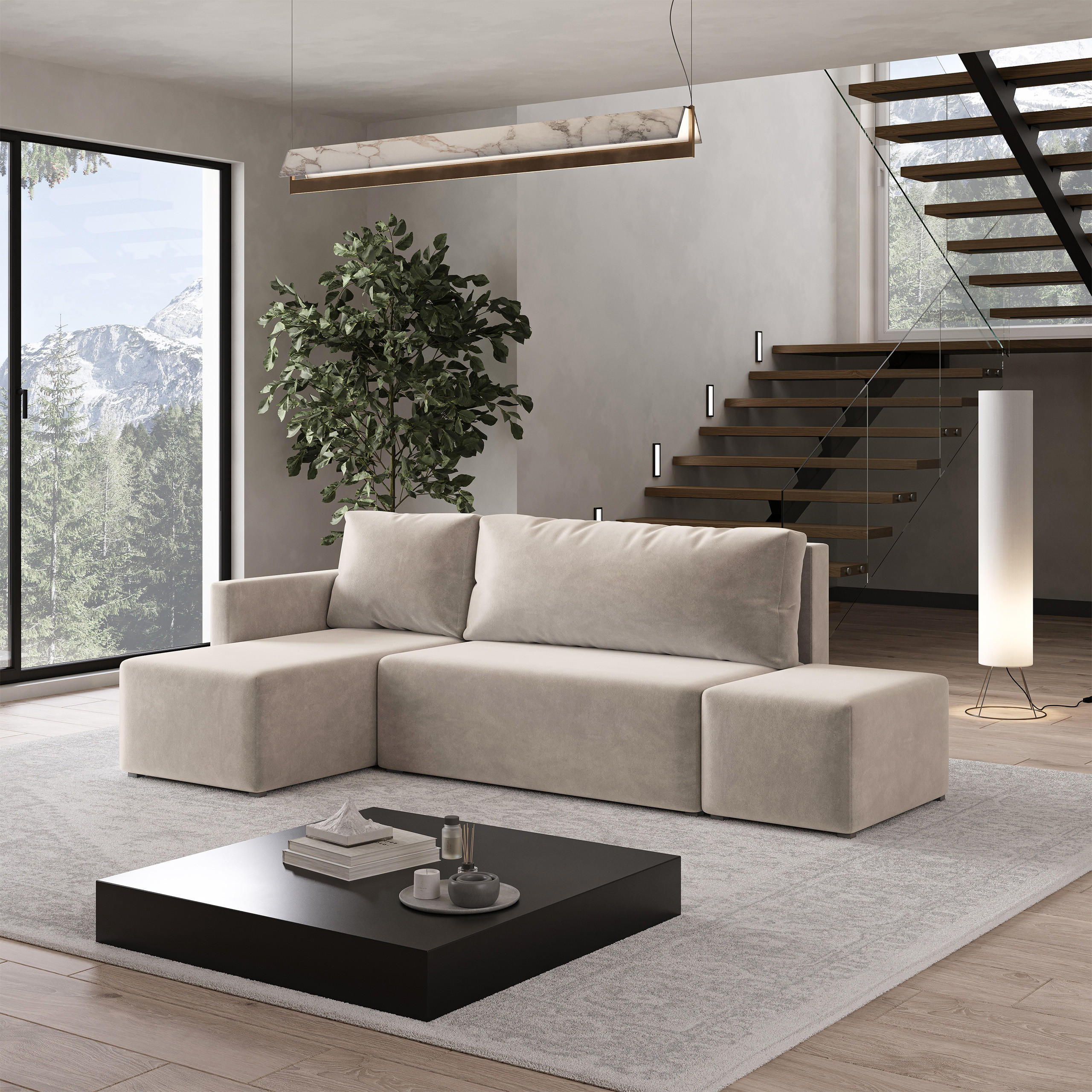 ECKSOFA VELOTTI L-S Beige Plüsch-Stoff mit Schlaffunktion - Beige, Holz (261/143cm) - MASSENO